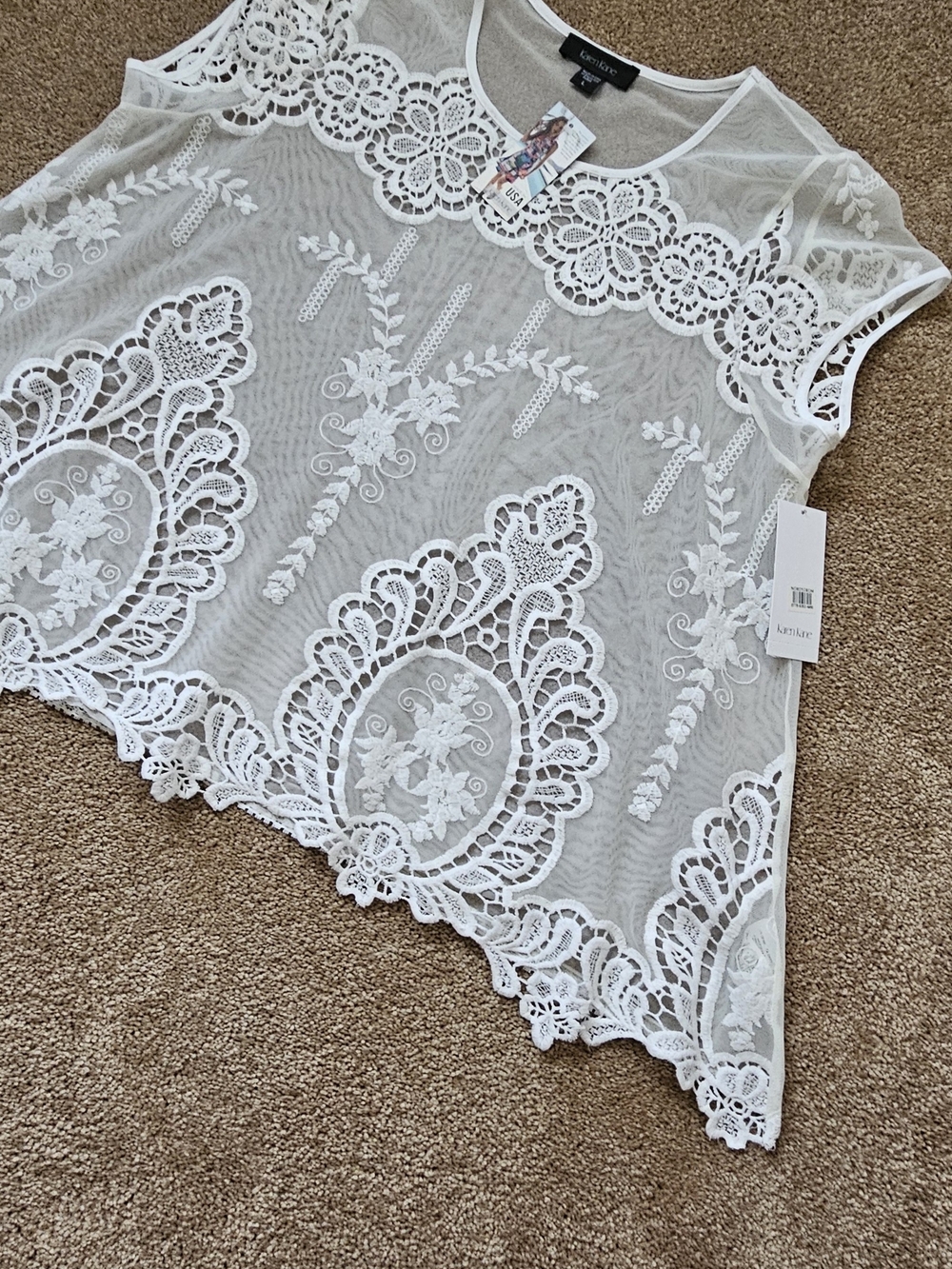 Karen Kane White Lace Overlay Short Sleeve Top